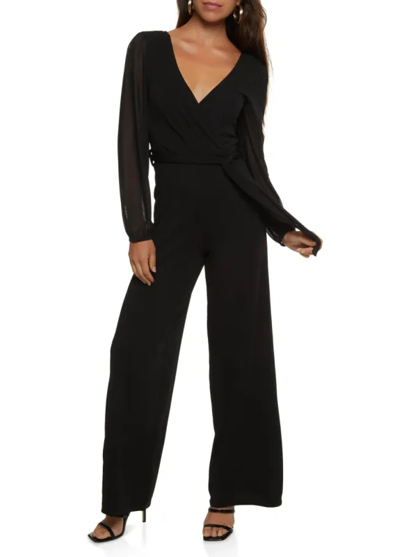 Mesh Sleeve Tie Waist Wrap Jumpsuit sold by Rainbow