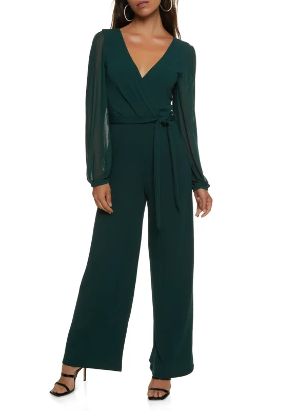 Mesh Sleeve Tie Waist Wrap Jumpsuit sold by Rainbow