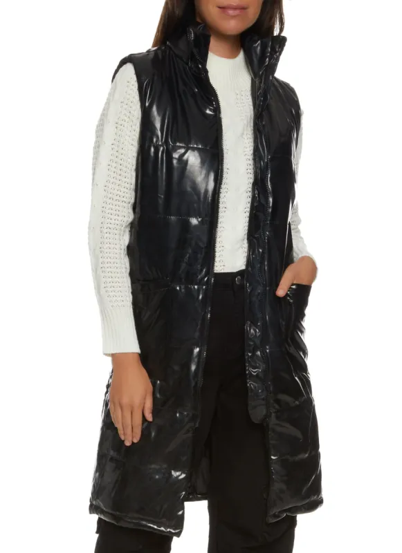 Faux Patent Leather Longline Puffer Vest sold by Rainbow