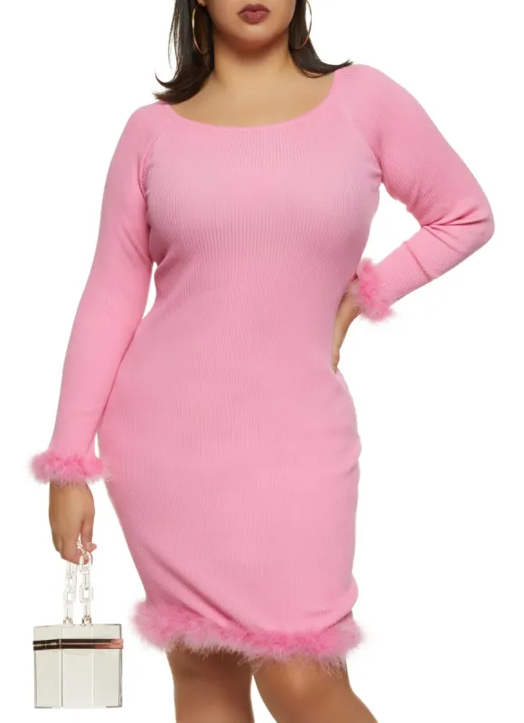 Plus Size Feather Trim Sweater Dress sold by Rainbow