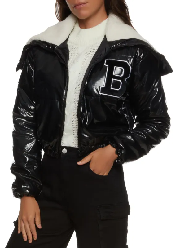 Faux Patent Leather Sherpa High Collar Coat sold by Rainbow