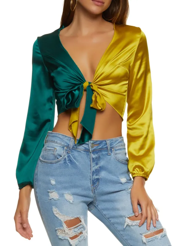 【COLOR iN ID】Tone satin crop zip-up Two Tone Satin Zippered Crop Top | Parallel