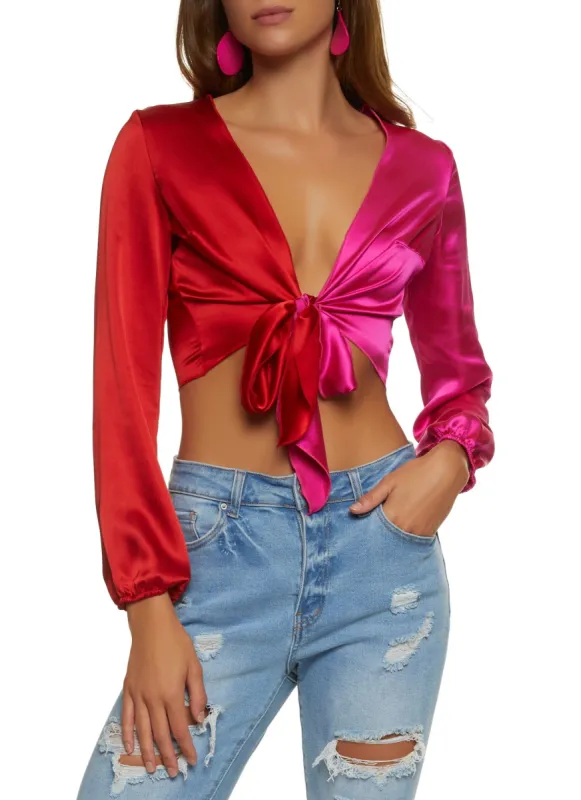 Satin Color Blocked Tie Front Crop Top sold by Rainbow