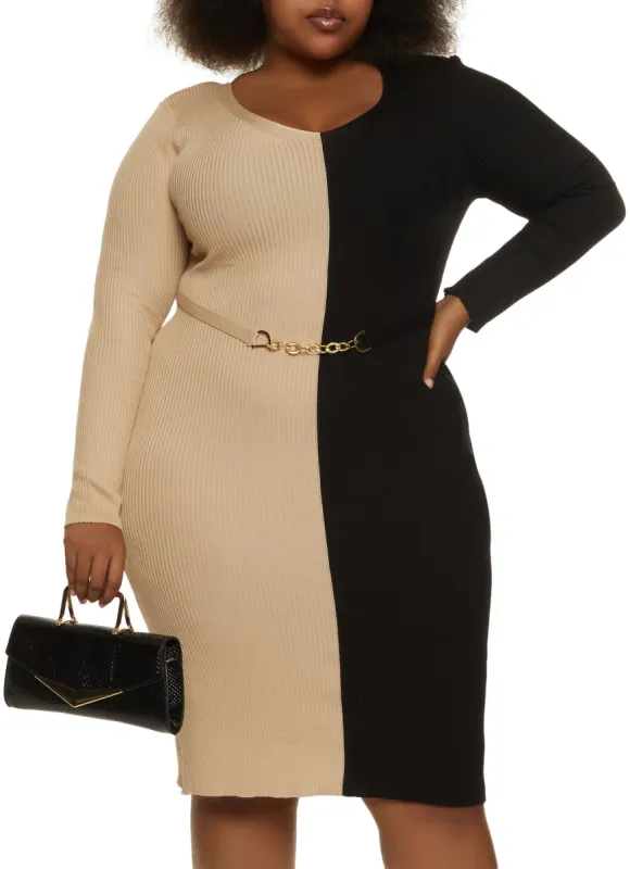 Plus Size Two Tone Chain Detail Sweater Dress sold by Rainbow