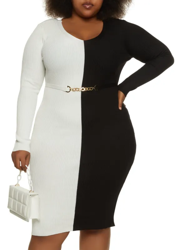 Plus Size Two Tone Chain Detail Sweater Dress sold by Rainbow