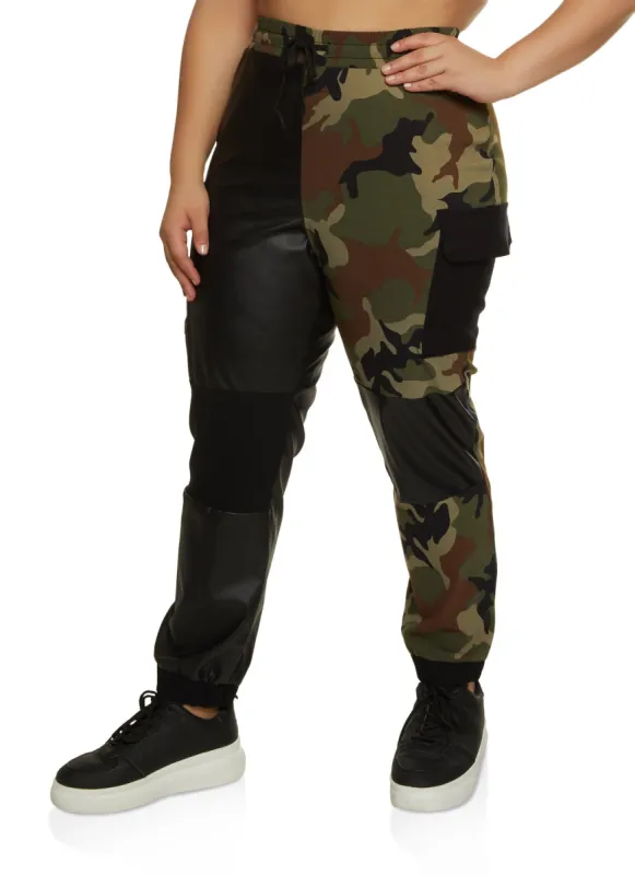Plus Size Camo Faux Leather Color Block Joggers sold by Rainbow