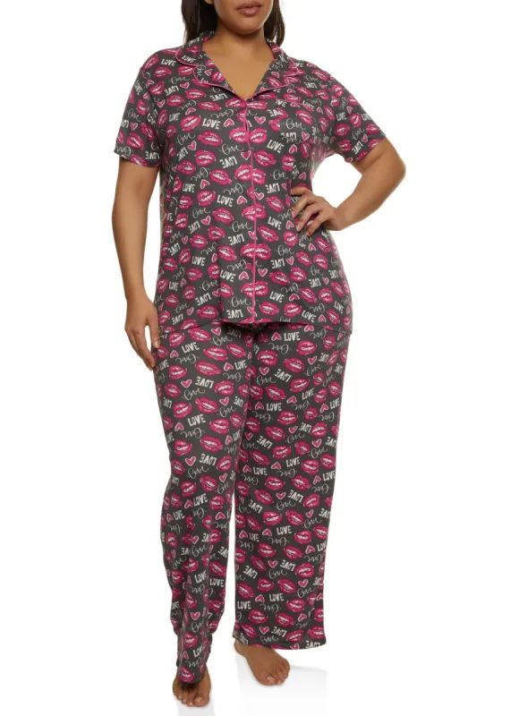 Plus Size Love Lip Print Pajama Shirt and Pants sold by Rainbow