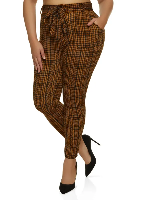 Plus Size Plaid Paperbag Waist Belted Skinny Pants sold by Rainbow