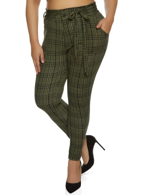 Plus Size Plaid Paperbag Waist Belted Skinny Pants sold by Rainbow
