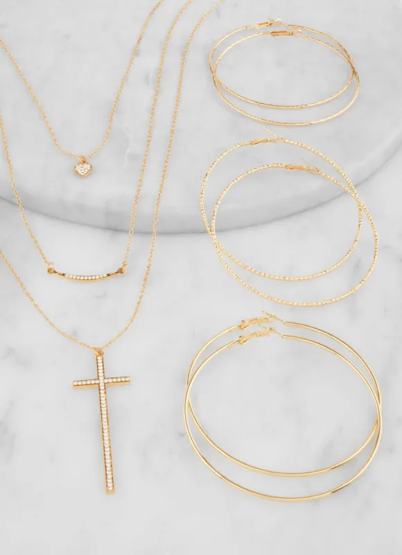 Rhinestone Cross Chain Layered Necklace and Hoop Earrings sold by Rainbow