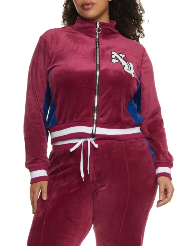 Plus Size NY Chenille Patch Velour Zip Up Sweatshirt sold by Rainbow