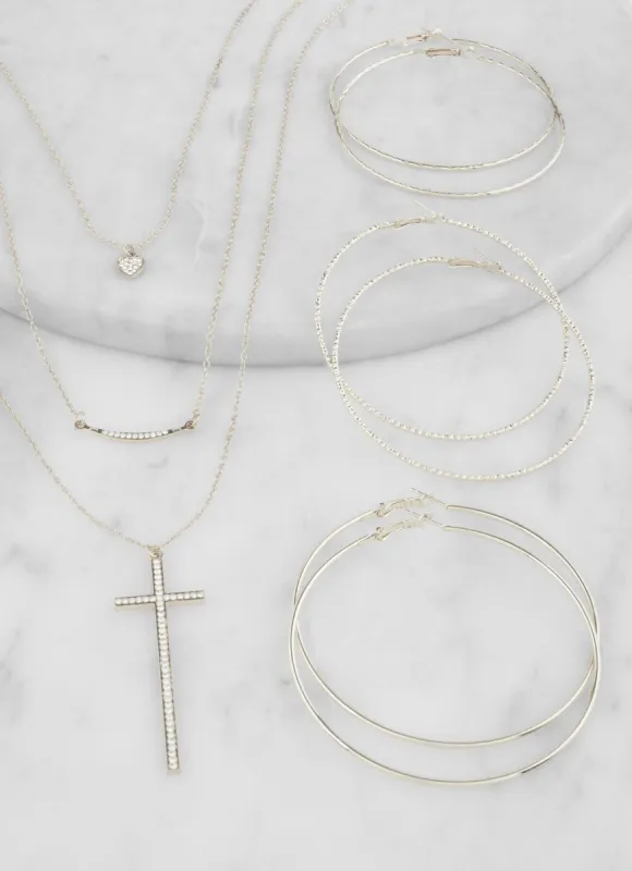 Rhinestone Cross Chain Layered Necklace and Hoop Earrings sold by Rainbow