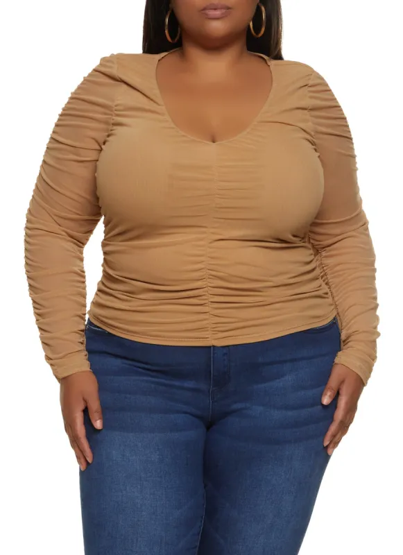 Plus Size Mesh Ruched Long Sleeve Top sold by Rainbow