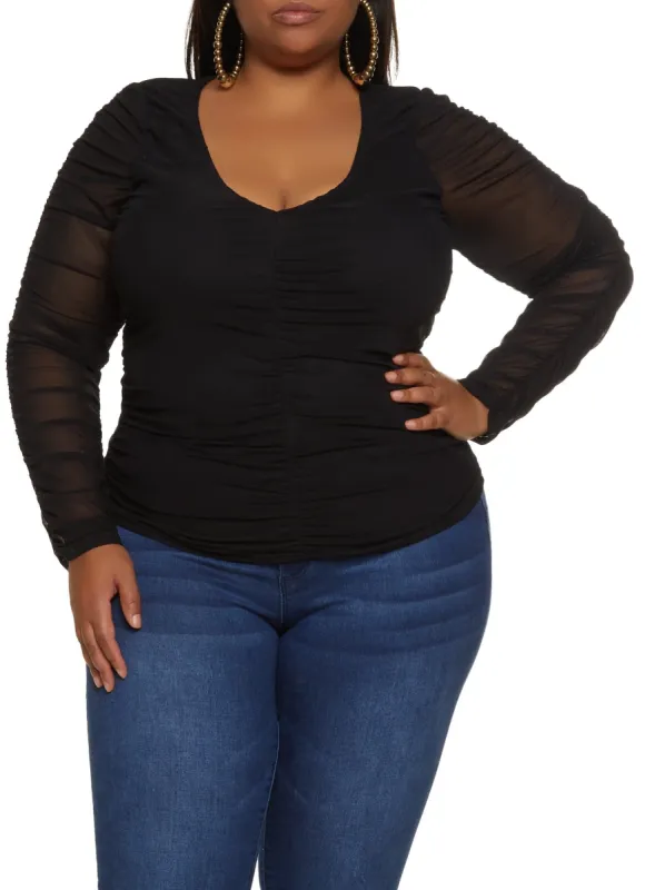 Plus Size Mesh Ruched Long Sleeve Top sold by Rainbow