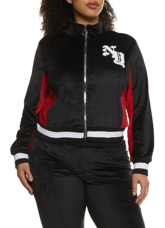 Plus Size NY Chenille Patch Velour Zip Up Sweatshirt sold by Rainbow