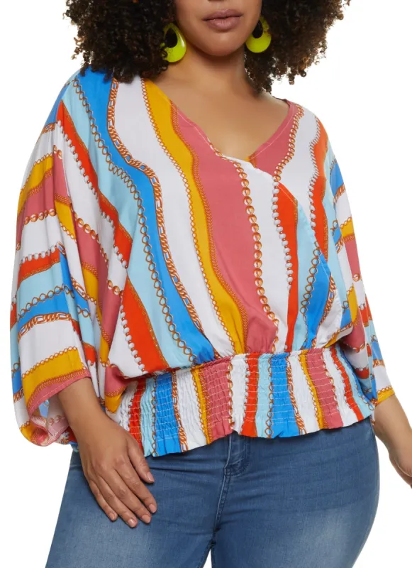 Plus Size Smocked Waist Wrap Top sold by Rainbow