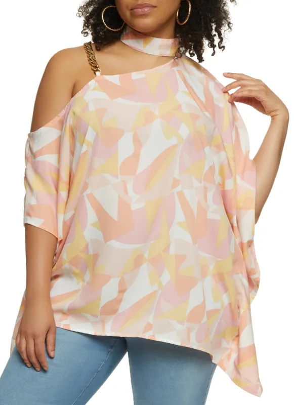 Plus Size Printed One Shoulder Chain Strap Blouse sold by Rainbow