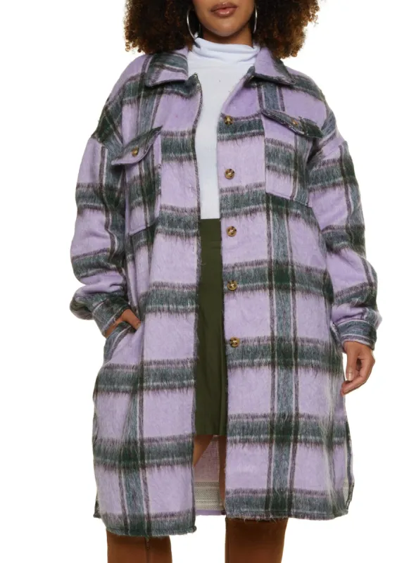 Plus Size Brushed Knit Plaid Print Longline Shacket sold by Rainbow