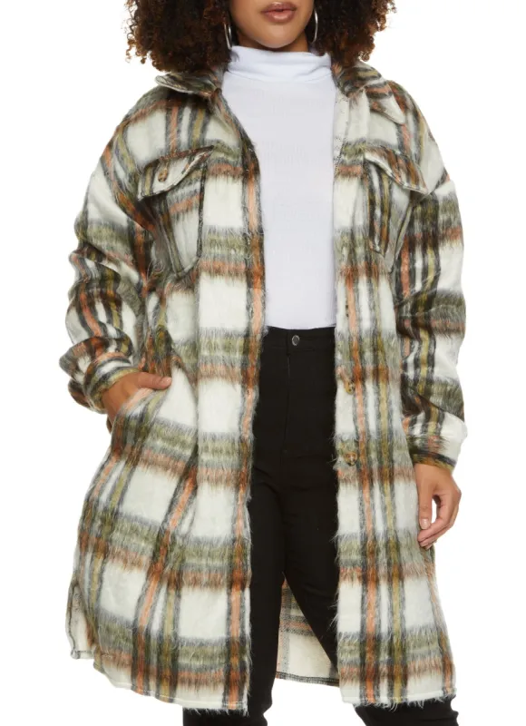 Plus Size Brushed Knit Plaid Print Longline Shacket sold by Rainbow