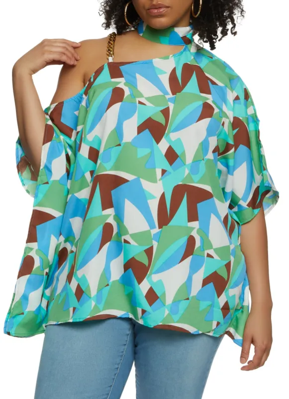 Plus Size Printed One Shoulder Chain Strap Blouse sold by Rainbow