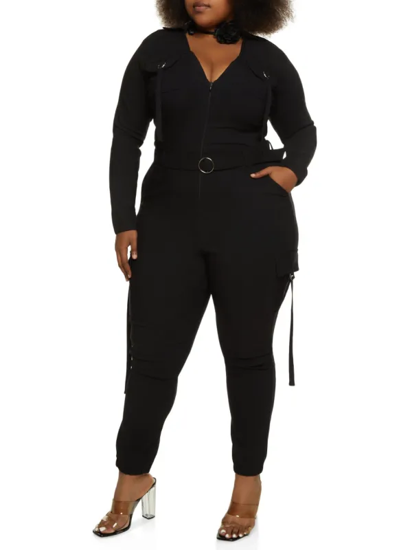 Plus Size Belted Cargo Pocket Jumpsuit sold by Rainbow