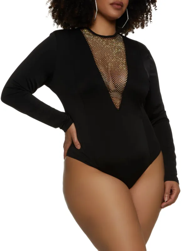 Plus Size Rhinestone Fishnet Insert Bodysuit made by Rainbow