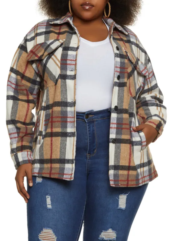 Plus Size Brushed Knit Plaid Shacket sold by Rainbow