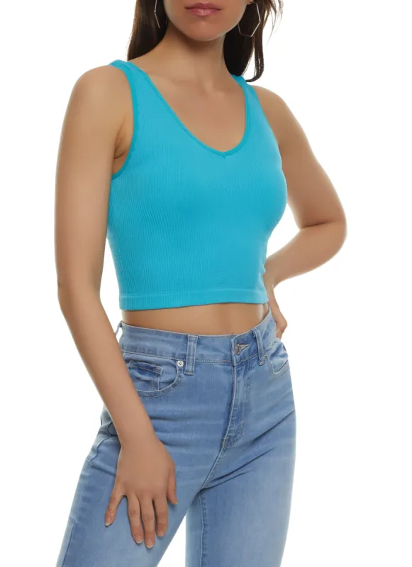 Seamless Ribbed Knit V Neck Cropped Tank Top sold by Rainbow