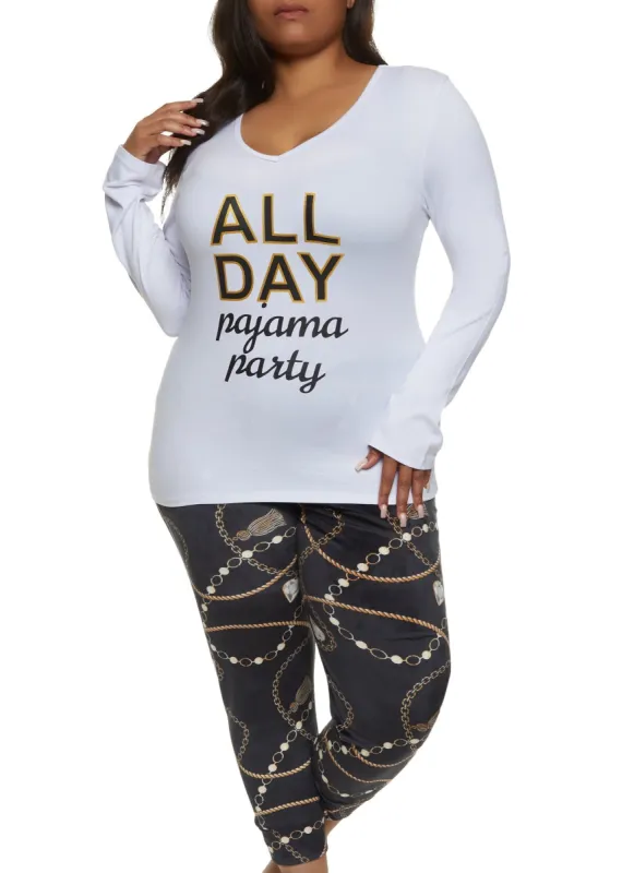 Plus Size All Day Graphic Long Sleeve Pajama Top and Pants sold by Rainbow