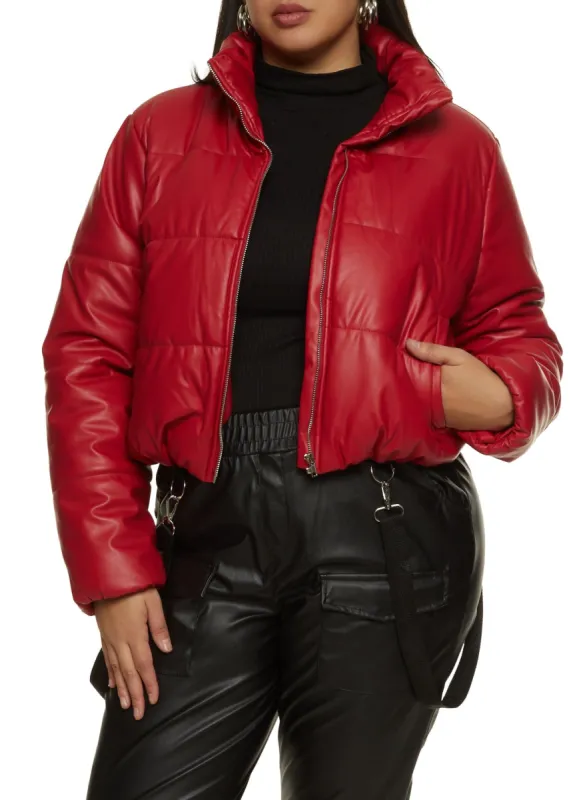 Plus Size Faux Leather Cropped Puffer Jacket sold by Rainbow