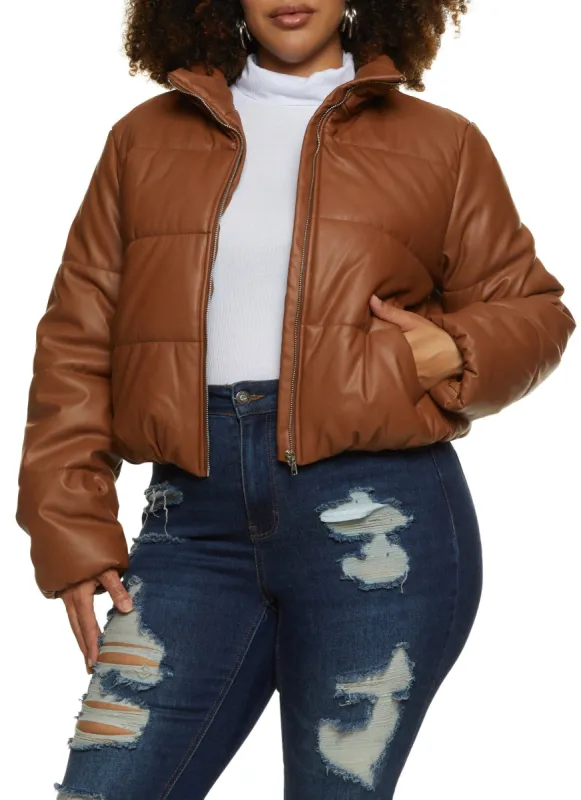 Plus Size Faux Leather Cropped Puffer Jacket sold by Rainbow