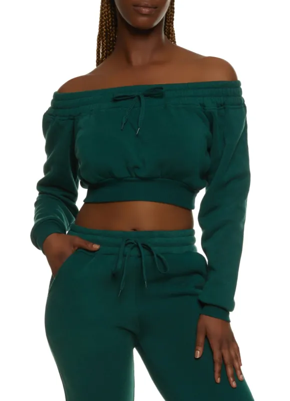 Off the Shoulder Drawstring Cropped Sweatshirt sold by Rainbow