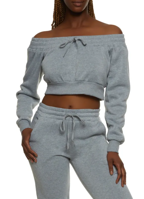 Off the Shoulder Drawstring Cropped Sweatshirt sold by Rainbow
