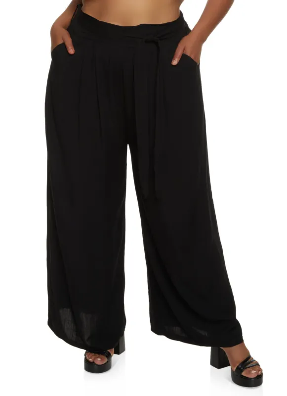 Plus Size Solid Tie Waist Belted Palazzo Pants sold by Rainbow
