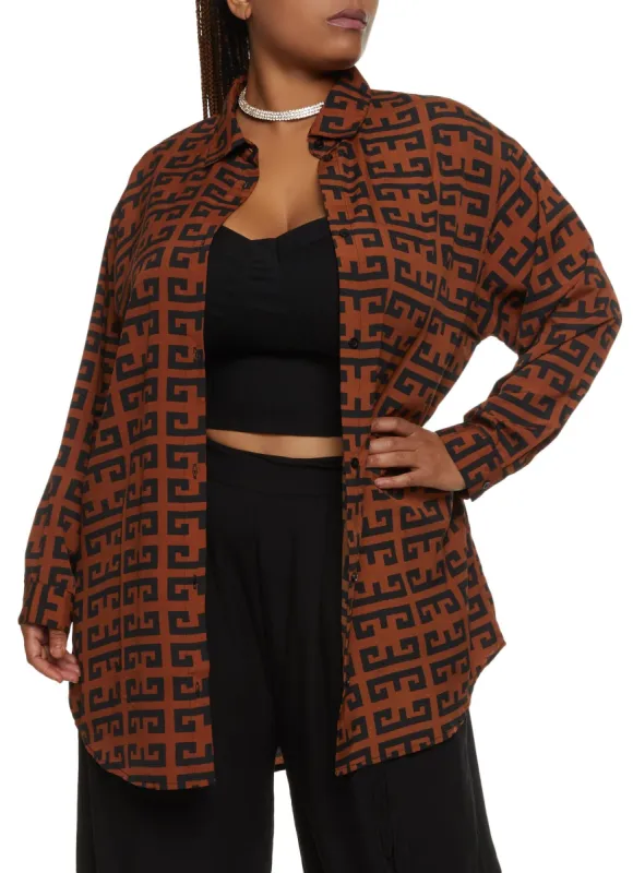 Plus Size Greek Key Print Button Front Tunic Shirt sold by Rainbow