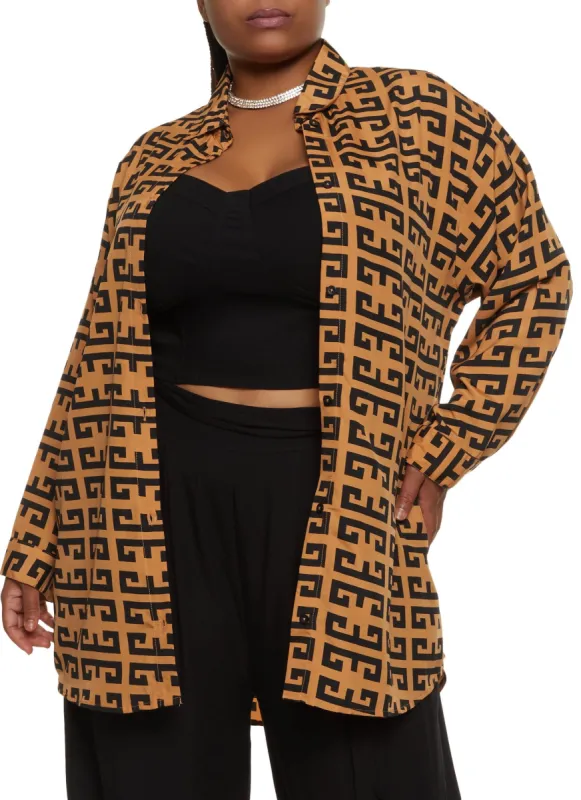 Plus Size Greek Key Print Button Front Tunic Shirt sold by Rainbow