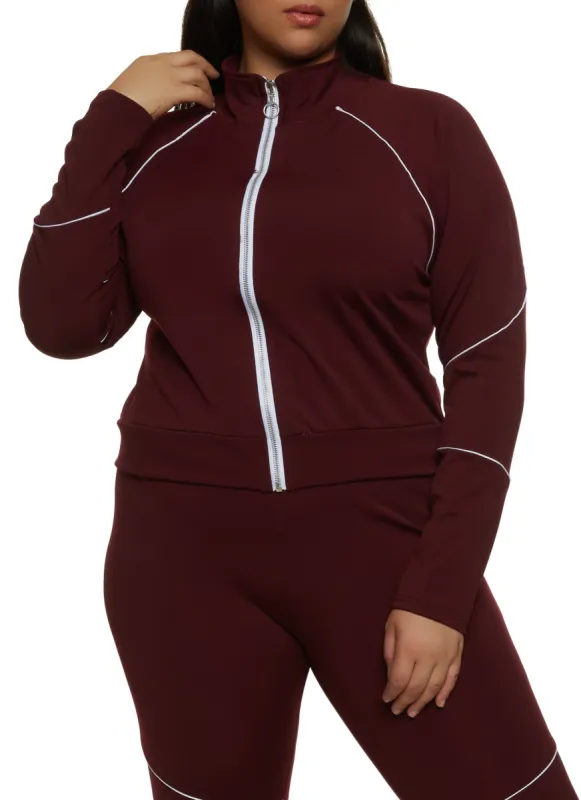 Plus Size Zip Front Contrast Piping Track Jacket sold by Rainbow