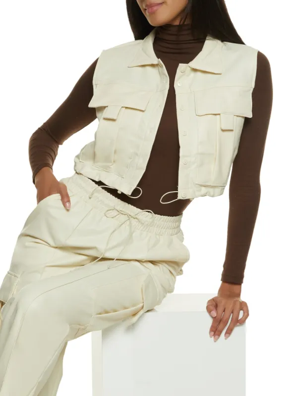 Faux Leather Button Front Cargo Cropped Vest sold by Rainbow