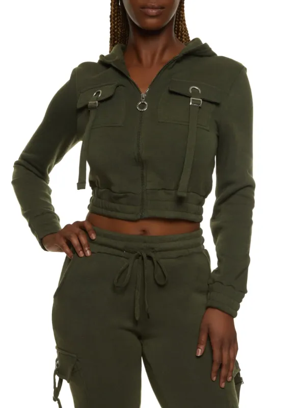Fleece Full Zip Cropped Cargo Hoodie sold by Rainbow