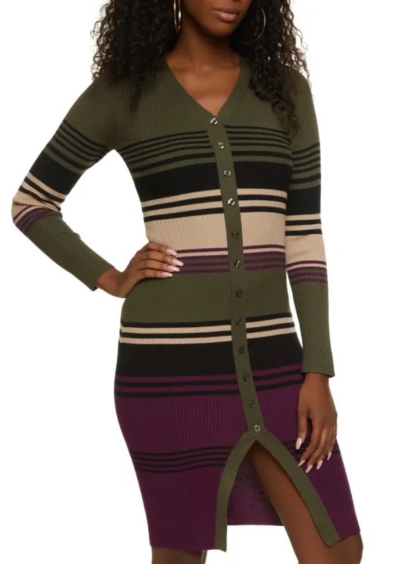 Striped Faux Button Front Midi Sweater Dress sold by Rainbow