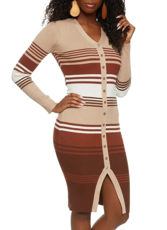 Striped Faux Button Front Midi Sweater Dress sold by Rainbow