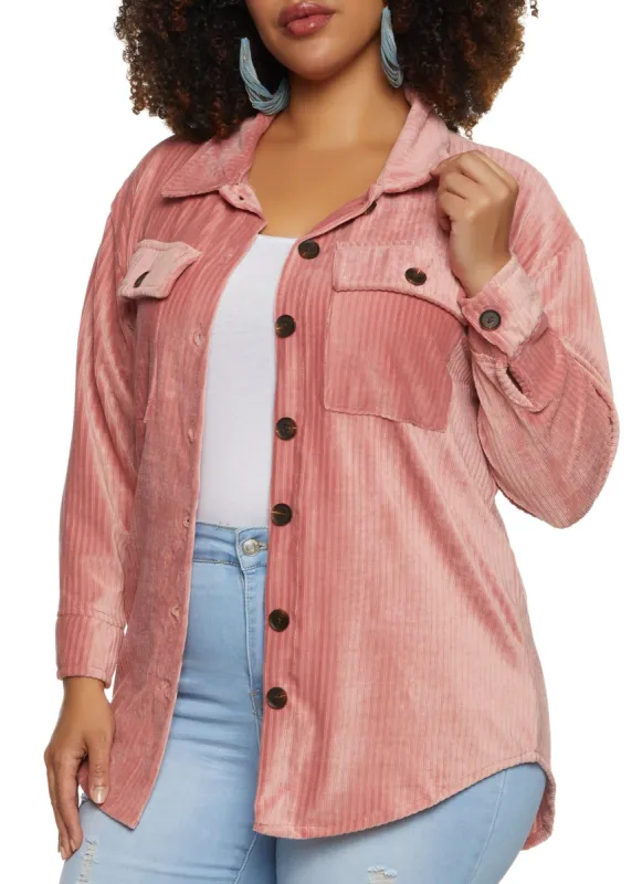 Plus Size Ribbed Knit Velour Button Front Shirt sold by Rainbow