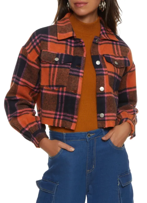 Plaid Raw Hem Cropped Shacket sold by Rainbow