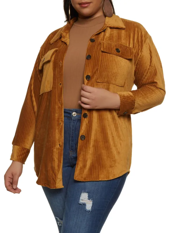 Plus Size Ribbed Knit Velour Button Front Shirt sold by Rainbow