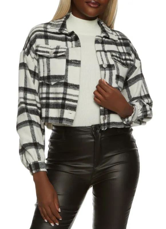 Plaid Raw Hem Cropped Shacket sold by Rainbow