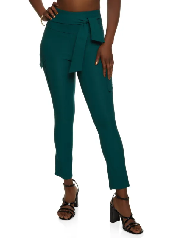 Crepe Knit Tie Waist Cargo Pocket Pants sold by Rainbow