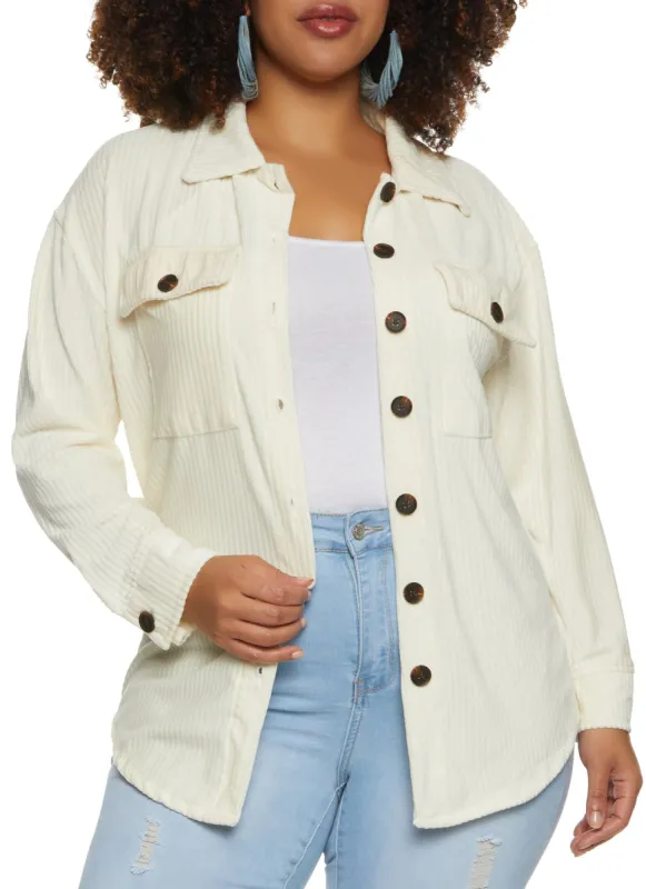 Plus Size Ribbed Knit Velour Button Front Shirt sold by Rainbow