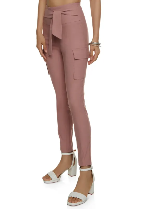 Crepe Knit Tie Waist Cargo Pocket Pants sold by Rainbow