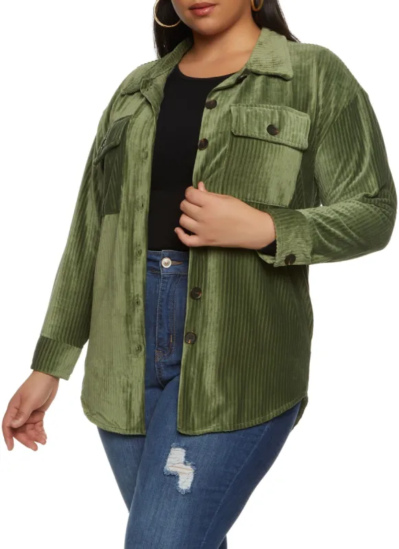 Plus Size Ribbed Knit Velour Button Front Shirt sold by Rainbow
