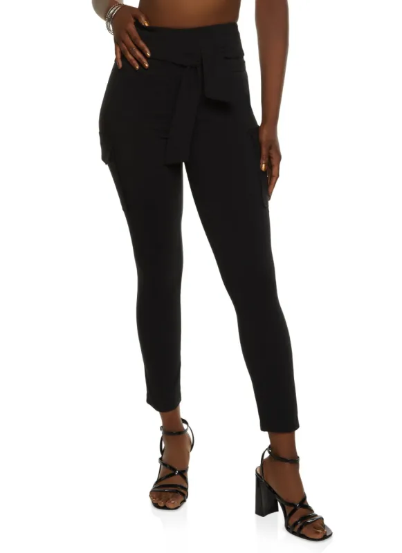Crepe Knit Tie Waist Cargo Pocket Pants sold by Rainbow